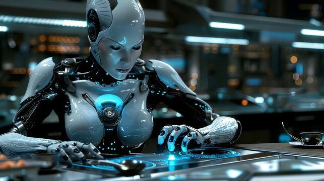 Robotic chef preparing gourmet dish in modern kitchen with advanced cooking appliances