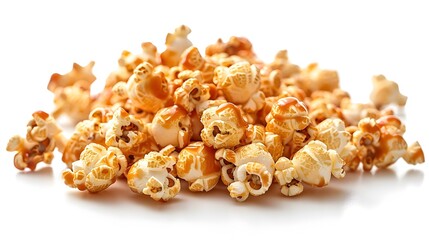 Mouthwatering Caramel Popcorn Heap Glistens on White Background with Copyspace
