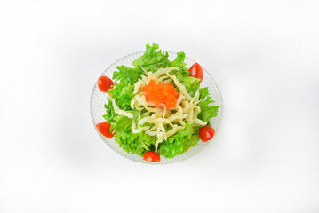Crispy fried silver fish salad Top with delicious shrimp eggs.