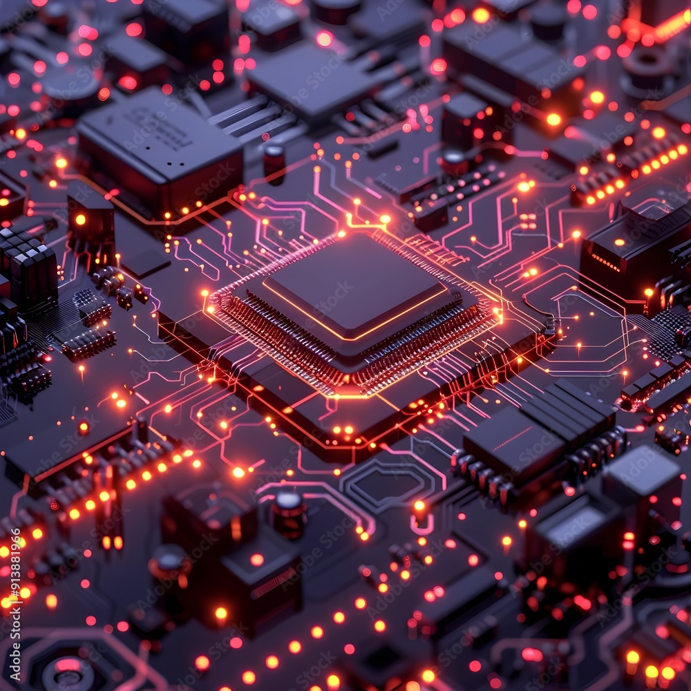 Poster glowing quantum computer circuits representing advanced technology concept