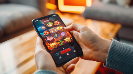 Person playing slot machine game on smartphone in home setting with blurred background. Concepts of mobile gaming, online gambling, and digital entertainment.