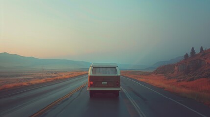 A vintage van travels down an endless open road at dusk, framed by a vast landscape and a serene sunset sky, conveying freedom and adventure.