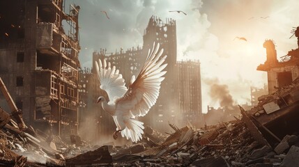 A serene white dove takes flight amidst the ruins of a decimated city, symbolizing hope and peace amid destruction at dawn.