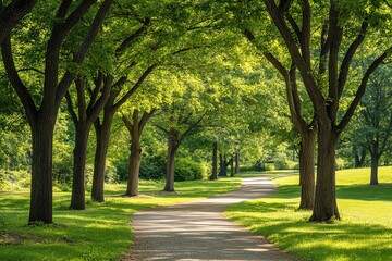 Fototapeta premium Sunlit Path Winding Through a Lush Green Forest