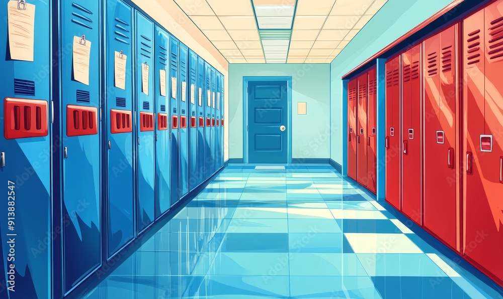 Wall mural a modern school hallway with a row of red and blue lockers