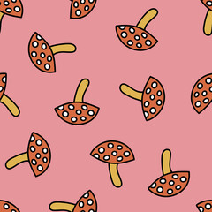 Seamless Pattern with Mushroom Fly Agaric. Red Mushroom with White Spots. Toxic Mushroom Repeating Background. Groovy Hippie 1970s. Funny Cartoon Seamless Pattern in Trendy Trippy Retro Cartoon Style