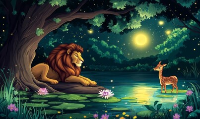 Animated illustration of a lion and wildebeest lying by the river at night