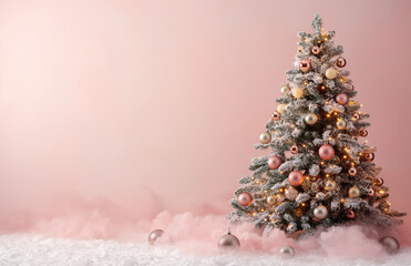 A beautifully decorated Christmas tree on pink background