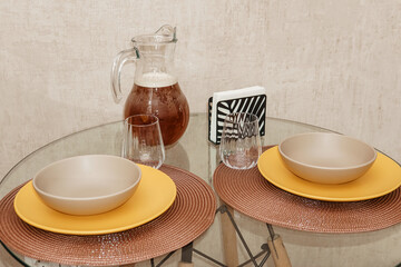 Kitchen table setting, kitchen interior details in natural tones.