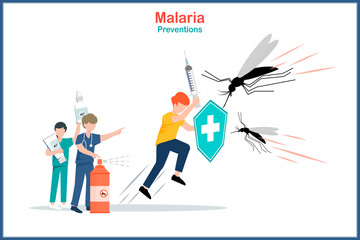 Medical illustration concept of malaria prevention. character of Doctors and nurses  in flat style hold malaria prevention equipment such as mosquito repellent.