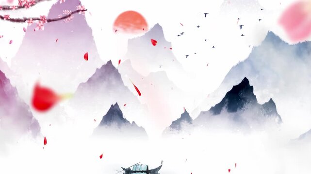 Peaceful Fantasy Nature Chinese style background plum blossoms falling on mountains, sea of ​​clouds of beautiful calm trees, flowers, lake, water, birds, blue sky, boat, cherry blossoms season