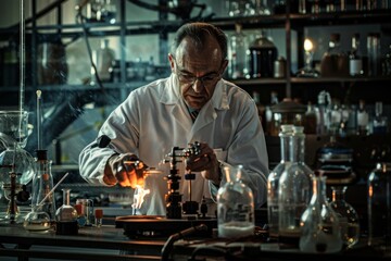 Researcher in lab coat conducting scientific research in a lab, A chemist analyzing chemical compounds in a lab, AI generated