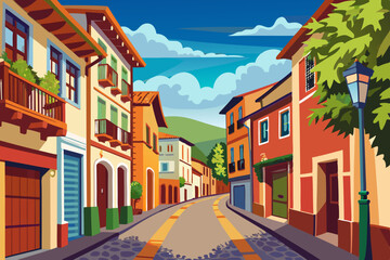 narrow street of european city, vector drawing, walk around the city