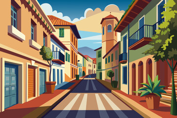 narrow street of european city, vector drawing, walk around the city