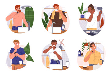 Set of isolated man hygiene and beauty routine. Vector cartoon male shaving and trimming beard, using hair dryer and skin cream, brushing teeth and doing perfume cosmetic. Bathroom facial care.