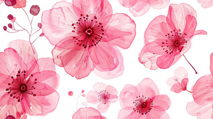 Pink watercolor flowers seamless pattern transparent background
