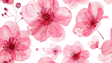 Pink watercolor flowers seamless pattern transparent background