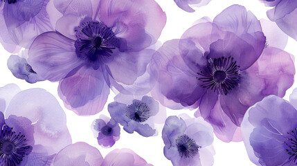 Purple watercolor flowers seamless pattern transparent background