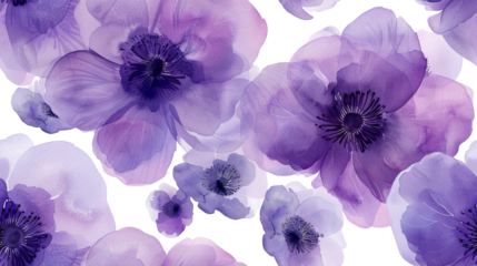 Purple watercolor flowers seamless pattern transparent background