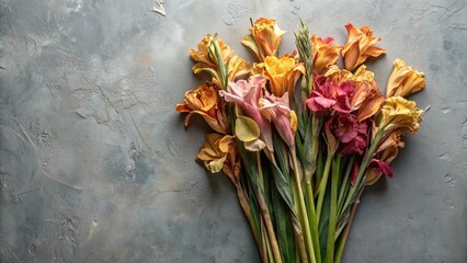 Withered gladioli flowers dried up and placed on a gray background , dried, wilted, gladioli, flowers, floral, arrangement, grey