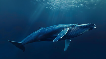 Fototapeta premium Vibrant blue whale gliding through crystal clear water in a majestic and graceful manner.