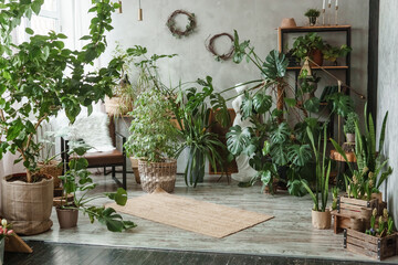 A fragment of the interior with a variety of indoor plants and plaster sculptures. Urban jungle...