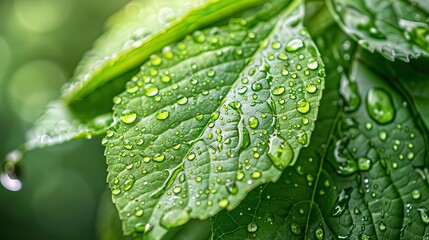 Close-up of fresh green leaf adorned with water droplets, symbolizing nature's beauty and the essence of purity and rejuvenation.
