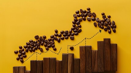 Coffee beans creatively arranged to illustrate market growth on a vibrant yellow background, symbolizing profitability and success.