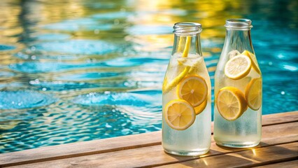 Obraz premium Two refreshing bottled beverages with lemon slices served by the poolside, poolside, drinks, beverages, bottles
