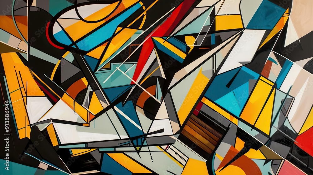 Wall mural dynamic abstract artwork featuring bold shapes and vibrant colors, creating a visually striking comp