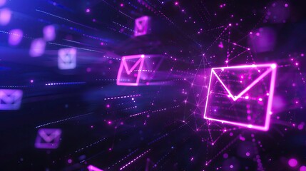 Dynamic digital mail concept with glowing purple envelopes representing email communication in a modern tech environment.