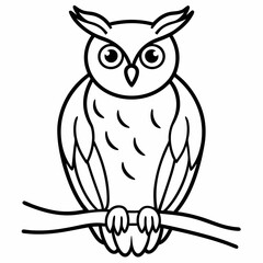 A detailed portrait of an owl perched on a branch vector line art illustration