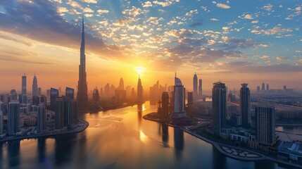 Obraz premium Stunning skyline view at sunset, showcasing modern architecture and serene water reflections, perfect for cityscapes and travel themes.