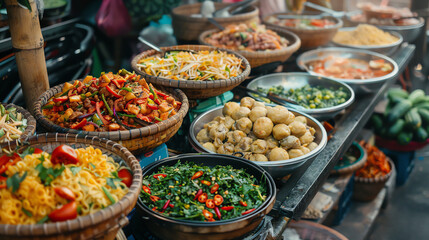Colorful street food market with an array of fresh dishes and ingredients