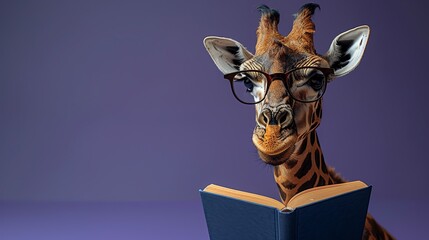 Giraffe wearing glasses, reading a book, purple background, playful and whimsical concept
