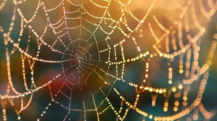 A close-up of a delicate spider web adorned with dewdrops, showcasing intricate patterns and soft natural lighting.