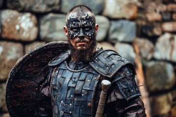 Naklejka premium A fierce Celtic warrior stands defiantly, clad in intricate armor, showcasing battle-ready determination against a backdrop of ancient stone walls.