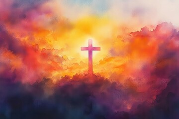 ethereal watercolor painting of a radiant cross emerging from sunset clouds soft hues of orange pink and purple blend seamlessly creating a spiritual atmosphere