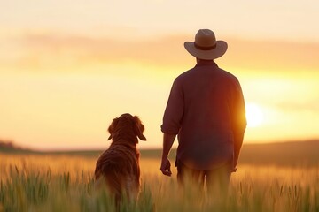 A person and a dog enjoy a serene sunset walk in a golden field, capturing a moment of tranquility and companionship.