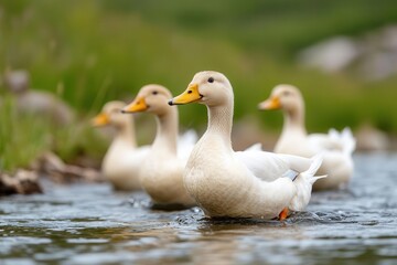 Obraz premium A serene scene of ducks swimming gracefully in clear water, surrounded by lush green nature. Perfect for wildlife and nature themes.