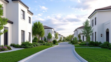 Fototapeta premium A serene suburban street lined with modern houses, lush greenery, and a clear blue sky, perfect for peaceful living.