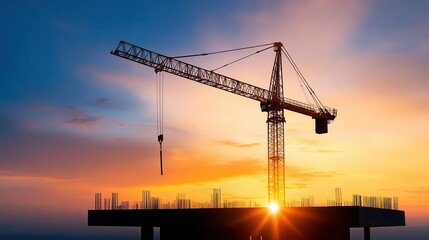 A striking sunset silhouette of a construction crane, symbolizing industry and progress in urban development.