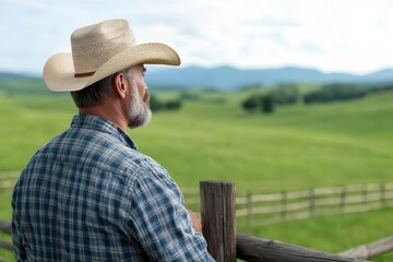 Fototapeta premium A thoughtful farmer gazing over a scenic green pasture, embodying the essence of rural life and tranquility.