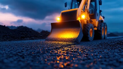 A vibrant and powerful construction machine working on an asphalt road during sunset, showcasing its glowing front loader.