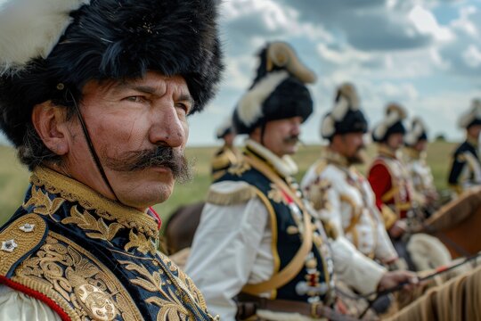 Cossack warriors, adorned in ornate traditional uniforms, ride valiantly against a backdrop of expansive plains under a dramatic sky.
