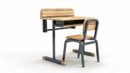 Fototapeta premium A modern wooden desk and chair set, perfect for students or home office use, featuring a sleek design and sturdy construction.