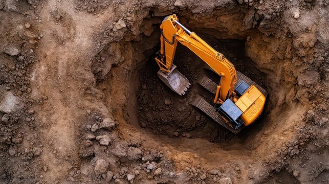 Aerial view of a construction site with an excavator digging a deep hole in the ground, showcasing heavy machinery at work.