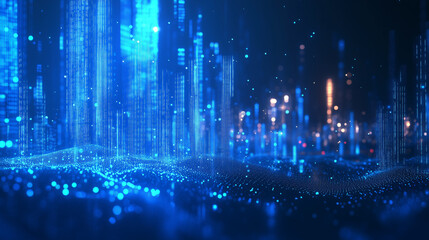 Fototapeta premium Abstract digital cityscape with blue light dots and structures. Futuristic, technological background for design and print