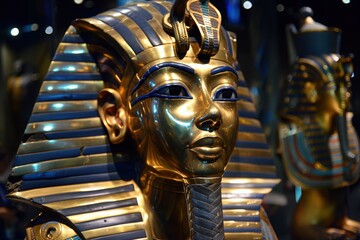 A majestic golden bust of an Egyptian pharaoh captivates viewers with intricate details and striking hues, set against a backdrop of modern museum illumination.