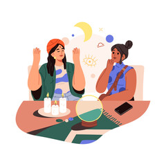 Vector psychic service or fortune teller foretelling. Cartoon fortuneteller with with crystal ball and astrology sign. Medium and magician job. Witch or magician future prediction. Paranormal, occult